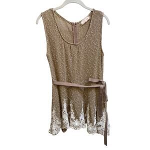 Anthropologie A'reve Shirt Large Cream Beige Lace Sheer Sleeveless Stretch